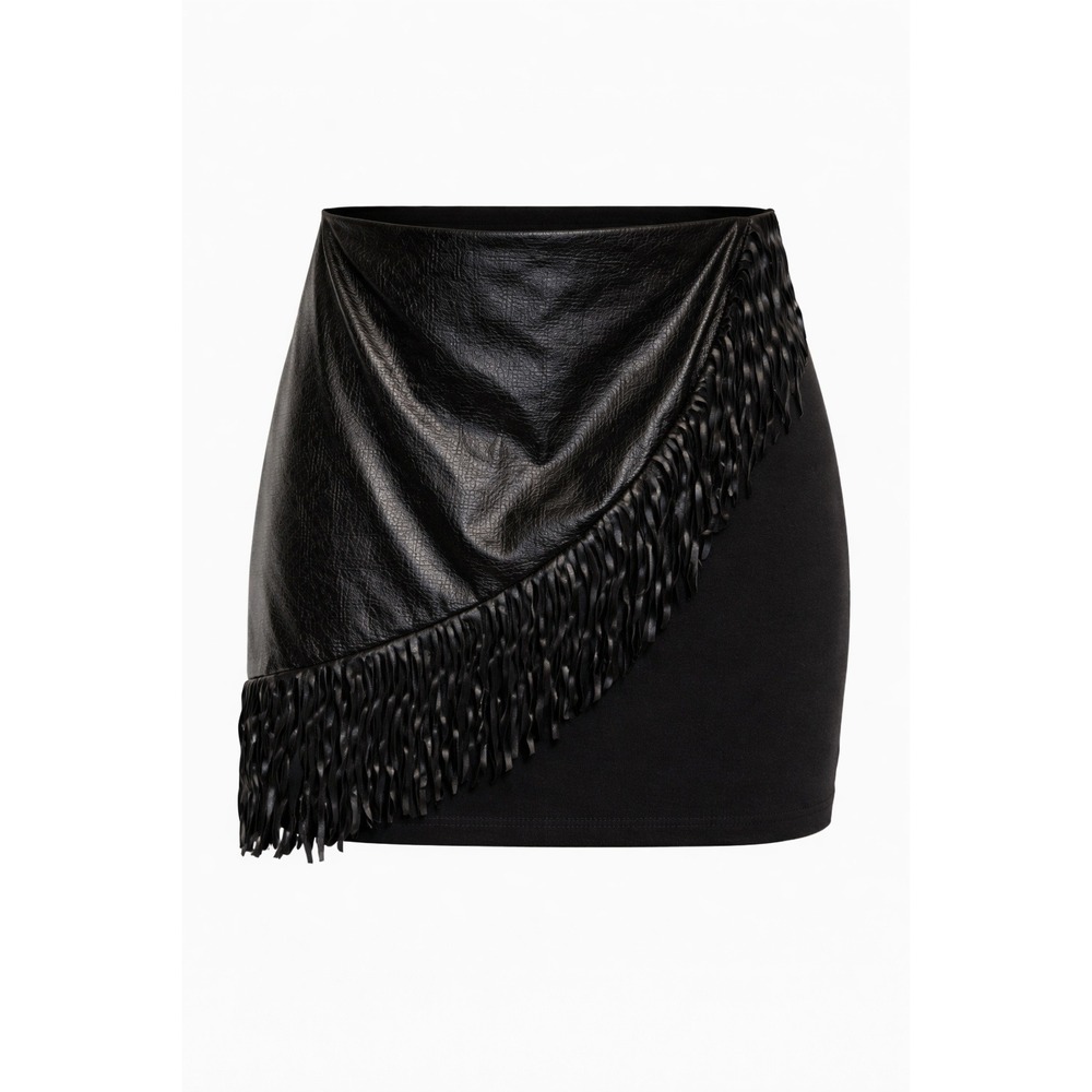 Black Faux Leather Fringe Mini Skirt 3X‎ Western Festival Y2K Clubwear